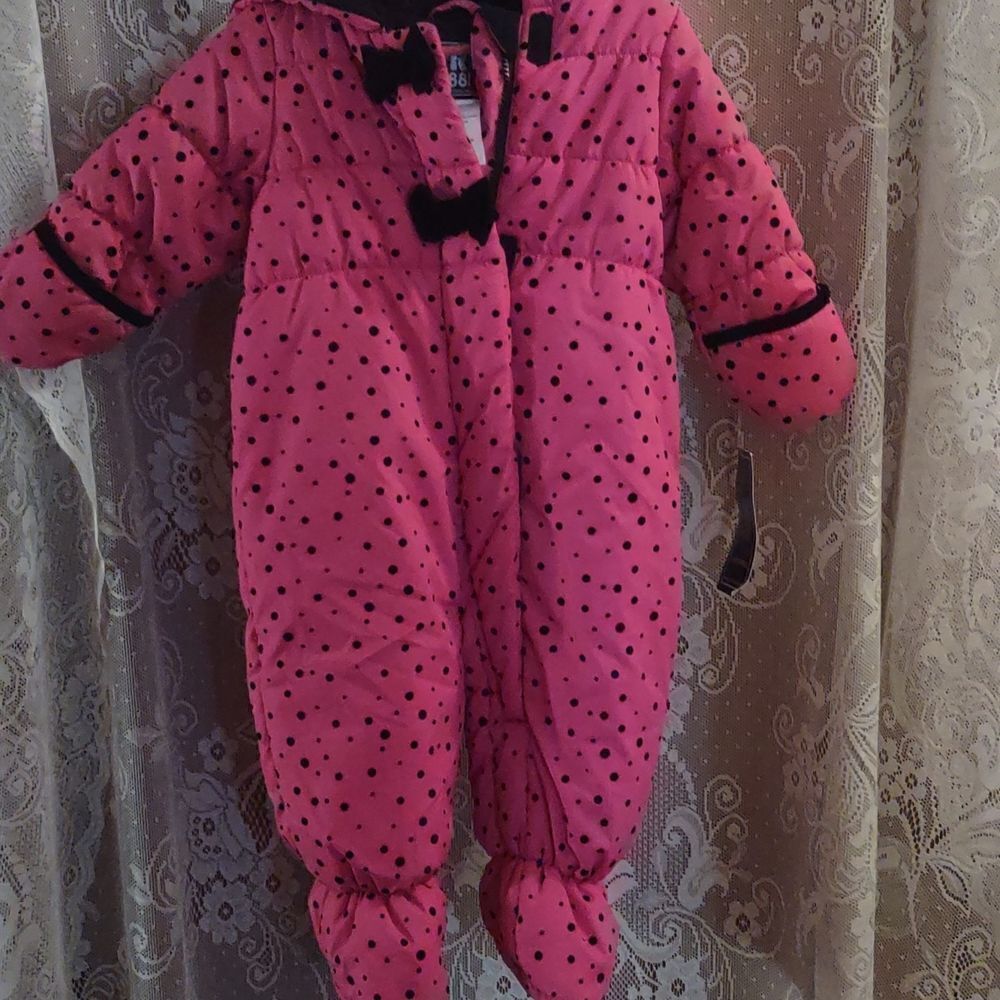 New R 1881 size 12M pink black polka dot hood‎ footed snowsuit zip foldover hand